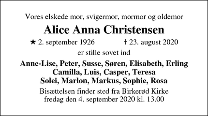 Dødsannoncen for Alice Anna Christensen - Birkerød