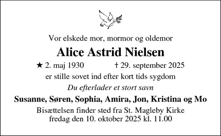 Dødsannoncen for Alice Astrid Nielsen - Dragør