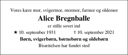 Dødsannoncen for Alice Bregnballe - Højbjerg