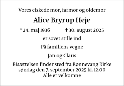 Dødsannoncen for Alice Bryrup Heje - Taastrup