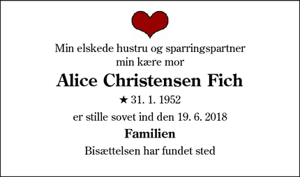 Dødsannoncen for Alice Christensen Fich - Sønderborg