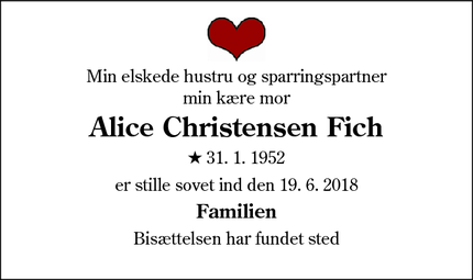 Dødsannoncen for Alice Christensen Fich - Sønderborg