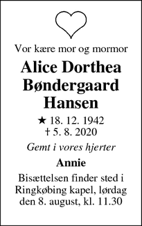 Dødsannoncen for Alice Dorthea Bøndergaard Hansen - Hvide Sande