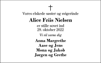 Dødsannoncen for Alice Friis Nielsen - Sunds