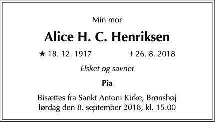 Dødsannoncen for Alice H. C. Henriksen - København