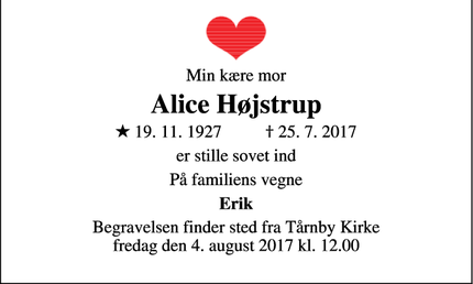 Dødsannoncen for Alice Højstrup - Tårnby