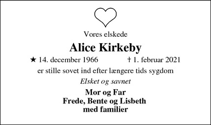 Dødsannoncen for Alice Kirkeby - Nr. Nissum