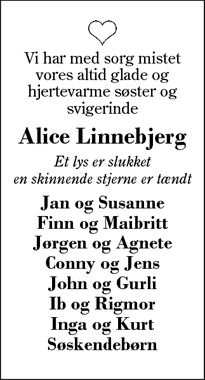 Dødsannoncen for Alice Linnebjerg - Lind