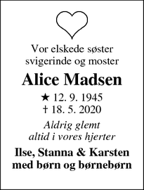 Dødsannoncen for Alice Madsen - Hvide Sande
