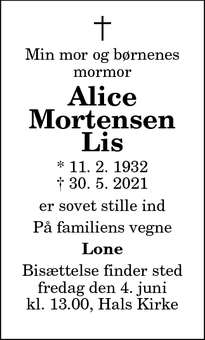 Dødsannoncen for Alice Mortensen Lis - Hals