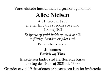 Dødsannoncen for Alice Nielsen - Køge