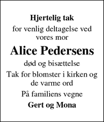 Dødsannoncen for Alice Pedersens - Nørre Nebel