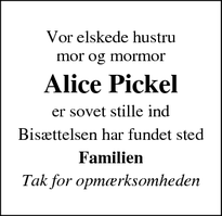 Dødsannoncen for Alice Pickel - Helsingør