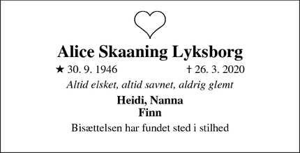 Dødsannoncen for Alice Skaaning Lyksborg - Roskilde