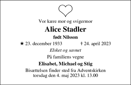 Dødsannoncen for Alice Stadler - København