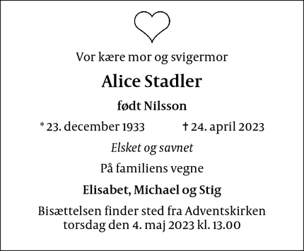 Dødsannoncen for Alice Stadler - København