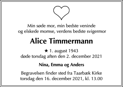 Dødsannoncen for Alice Timmermann - Taarbæk