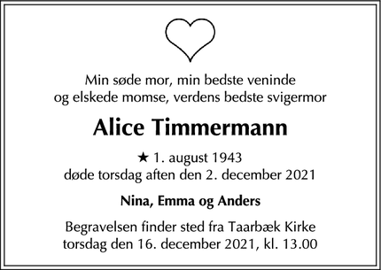 Dødsannoncen for Alice Timmermann - Taarbæk