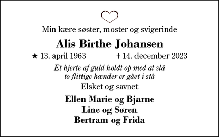 Dødsannoncen for Alis Birthe Johansen - 7480 vildbjerg 