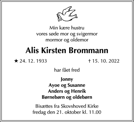 Dødsannoncen for Alis Kirsten Brommann - Gentofte