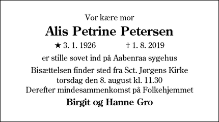Dødsannoncen for Alis Petrine Petersen - åbenrå