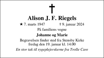 Dødsannoncen for Alison J. F. Riegels - Stensved