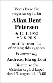 Dødsannoncen for Allan Bent Petersen - Roskilde