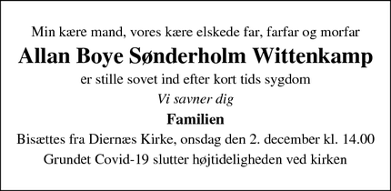 Dødsannoncen for Allan Boye Sønderholm Wittenkamp - Faaborg