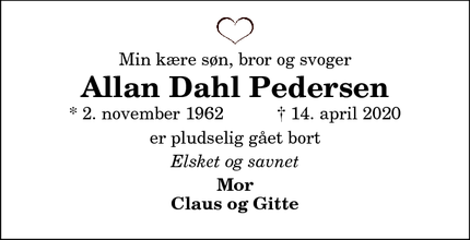 Dødsannoncen for Allan Dahl Pedersen - Brønderslev