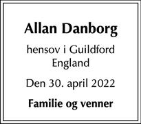 Dødsannoncen for Allan Danborg - Guildford England 