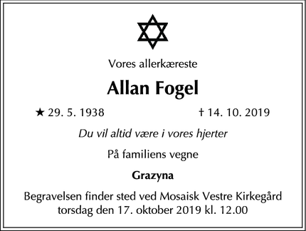 Dødsannoncen for Allan Fogel - København
