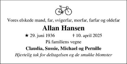 Dødsannoncen for Allan Hansen - Vejby