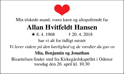 Dødsannoncen for Allan Hvitfeldt Hansen - Odense