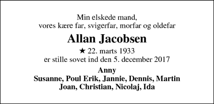 Dødsannoncen for Allan Jacobsen - 4270 Høng
