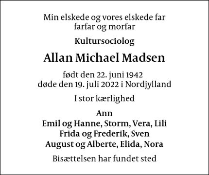 Dødsannoncen for Allan Michael Madsen - København