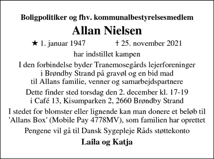 Dødsannoncen for Allan Nielsen - Brøndby