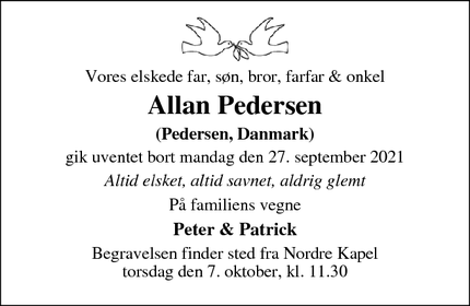 Dødsannoncen for Allan Pedersen - Kolind