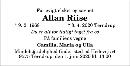Dødsannoncen for Allan Riise - Terndrup