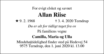 Dødsannoncen for Allan Riise - Terndrup