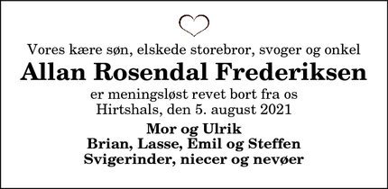 Dødsannoncen for Allan Rosendal Frederiksen - Hirtshals