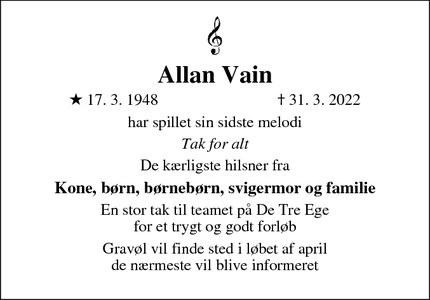 Dødsannoncen for Allan Vain - Kulhuse