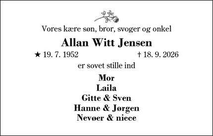 Dødsannoncen for Allan Witt Jensen - Herning (Lind)