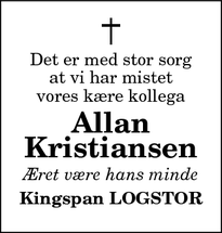 Dødsannoncen for Allan
Kristiansen - Brøndum