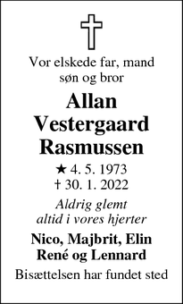 Dødsannoncen for Allan
Vestergaard
Rasmussen - Tørring