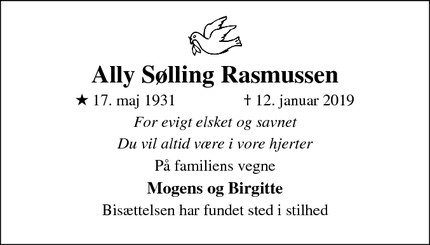 Dødsannoncen for Ally Sølling Rasmussen - Roskilde