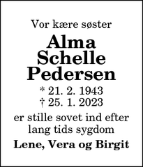 Dødsannoncen for Alma Schelle Pedersen - Thyland