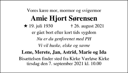 Dødsannoncen for Amie Hjort Sørensen - Værløse