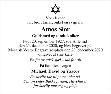 Dødsannoncen for Amos Slor  - Søborg