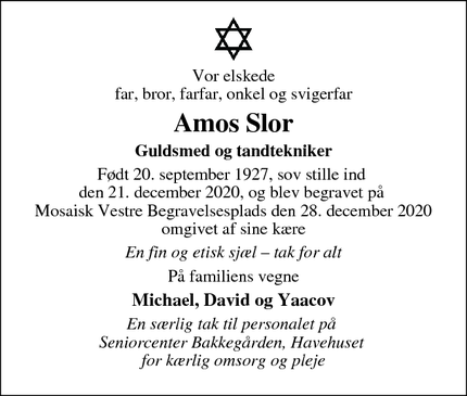 Dødsannoncen for Amos Slor - Søborg