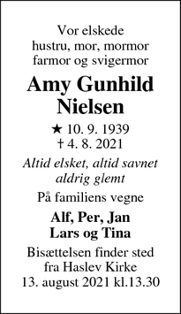 Dødsannoncen for Amy Gunhild
Nielsen - Haslev